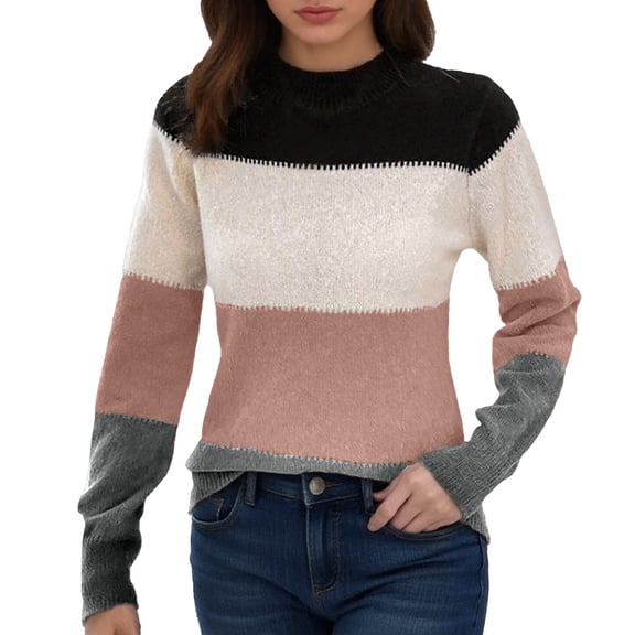 GBSYEWXS Sweaters For Women Knit Soft Pullover Long Sleeve Crew Neck Color Block Red Sweater