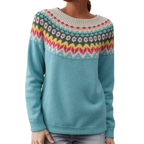 GBSYEWXS Sweaters For Women Light Blue Crew Neck Long Sleeve Jacquard Print Daily Wear Pullover Sweater