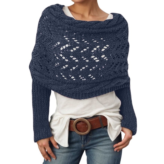 GBSYEWXS Sweaters For Women Navy Crew Neck Long Sleeve Solid Color Hollow-Out Pullover Sweater