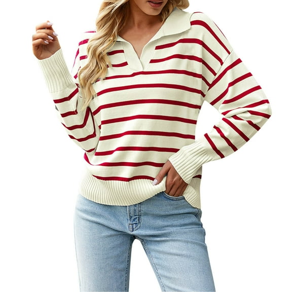 GBSYEWXS Sweaters For Women Outdoor Autumn Pullover Long Sleeve Notch Neck Striped Print Wine Sweater