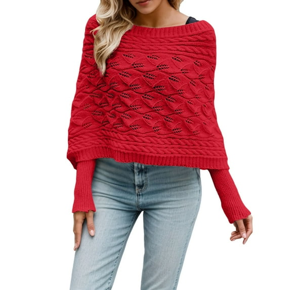 GBSYEWXS Sweaters For Women Red Boat Neck Long Sleeve Solid Color Hollow-Out Pullover Sweater