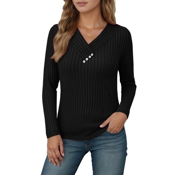 GBSYEWXS Sweaters For Women Trendy Outwear Pullover Long Sleeve V-Neck Solid Color Black Sweater