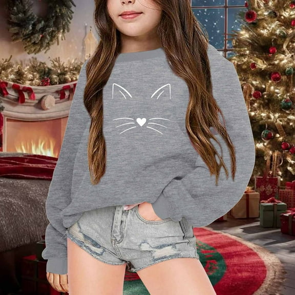 GBSYEWXS Sweatshirt For Girls Children Fashion Cat Print Casual Tops Crew Neck Fleece Grey Pullover Sweater Size 9-10 Years