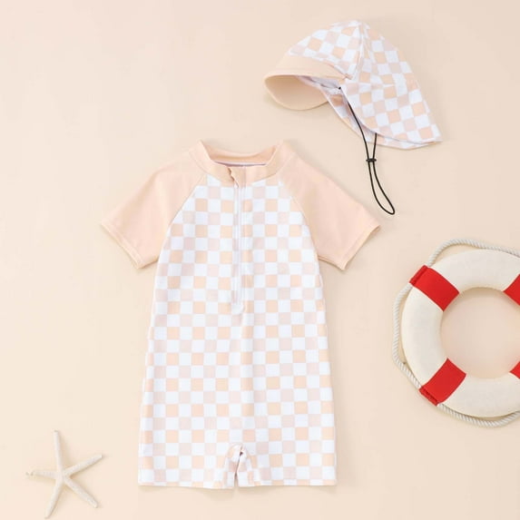 GBSYEWXS Swimsuit For Girls Child Size 3-6 Months With Hat Cute Bathing Suit One-Pieces Plaid Print Trendy Light Yellow Swimwear