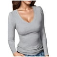 thumbnail image 1 of GBSYEWXS T-Shirts For Woman Grey V-Neck Solid Color Soft Tee Trendy Long Sleeve Tops, 1 of 4