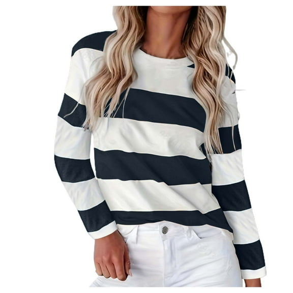 GBSYEWXS T-Shirts For Women Crew Neck Soft Tops Cushy Striped Print Long Sleeve Black Tee