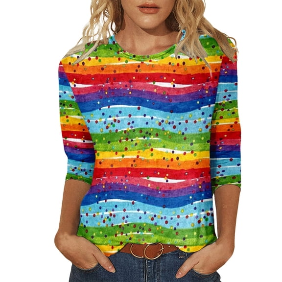 GBSYEWXS T-Shirts For Women Trendy 3/4 Sleeve Star Print Shirts Holiday Crew Neck Tops