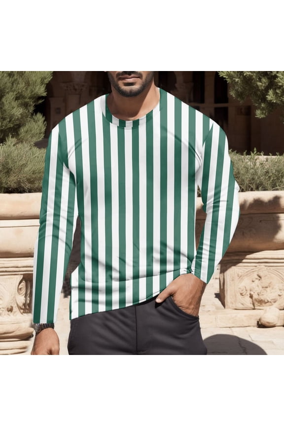 Tee For Men Crew Neck Fashion T-Shirts Vertical Striped Print Gentleman Green Tops