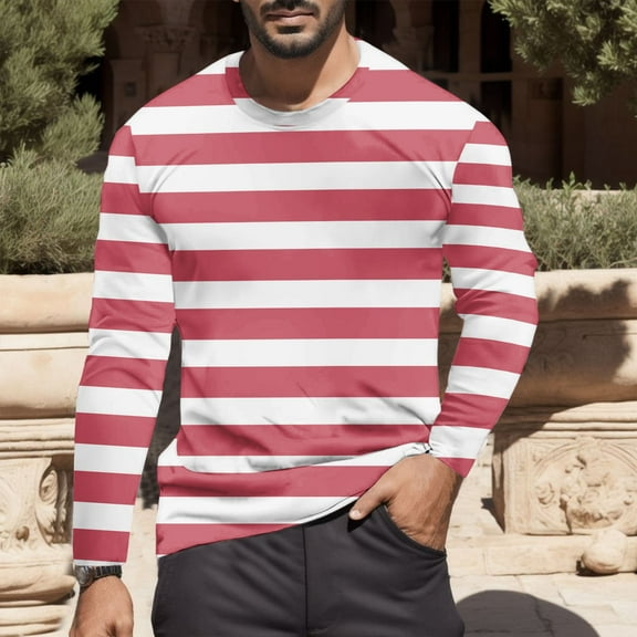 GBSYEWXS Tee For Men Crew Neck Long Sleeve Striped Print T-Shirts Cool Outdoor Shirts Red