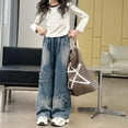 thumbnail image 1 of GBSYEWXS Girls Jeans Distressed 2025 Star Print Elastic Waist Straight Navy Trousers Size 8 Years-9 Years, 1 of 7