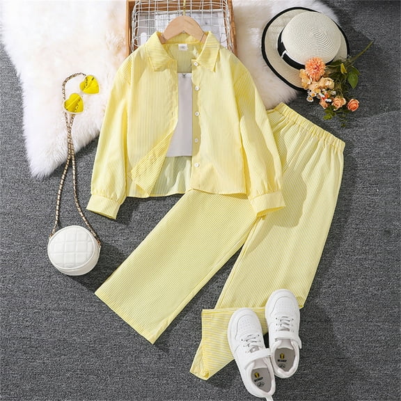 GBSYEWXS Teen Girls Outfits Sets Comfortable Solid Color Long Sleeve Shirt Pant Collared Trendy Yellow Outfit Set Size 9-10 Years