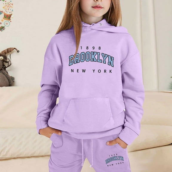 GBSYEWXS Teen Girls Outfits Sets Size 3-4 Years Leisure Long Sleeve Hooded Sweatshirt Pant Relaxed Purple Clothing Set