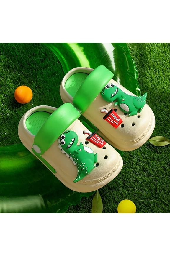 Todder Kids Girls Boys Sandals Size 4-5 Years Eva Soft Bottom Dinosaur Print Closed Toe Adjustable Ankle Strap Daily Wear Green Slippers