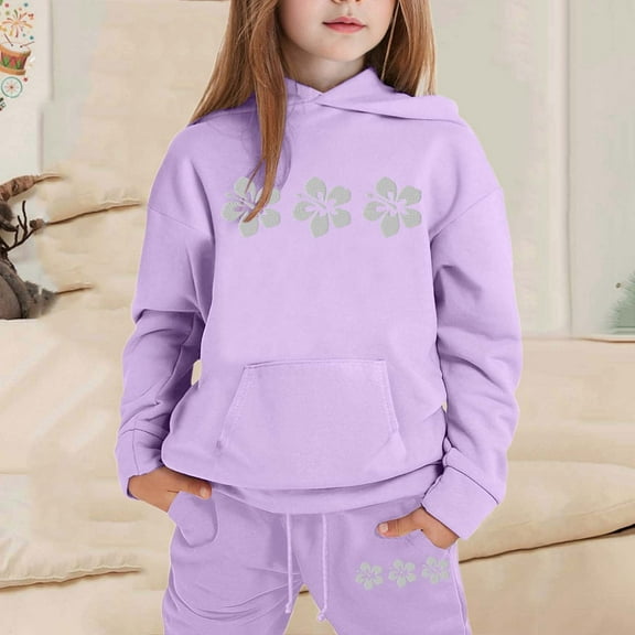 GBSYEWXS Toddler Child Girls Outfit Set Home Flower Print Hooded Hoodies Sweatpants Fashion Long Sleeve Purple Outfits Sets Size 2 Years-3 Years