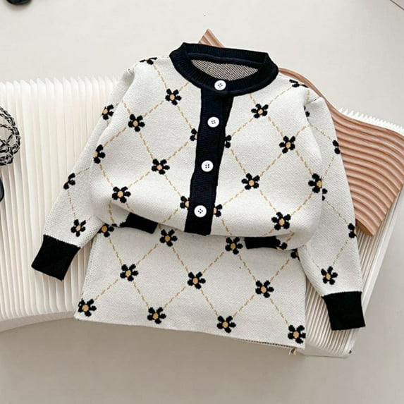 GBSYEWXS Toddler Child Girls Outfit Set Long Sleeve Sweater Skirt Fall Flower Print Crew Neck White Outfits Sets Size 5-6 T