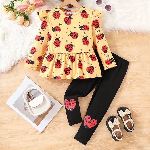 GBSYEWXS Toddler Child Girls Outfit Set Size 3-4 T Long Sleeve Cartoon Print Dress And Pant Flutter Yellow Outfits Sets 2Pc