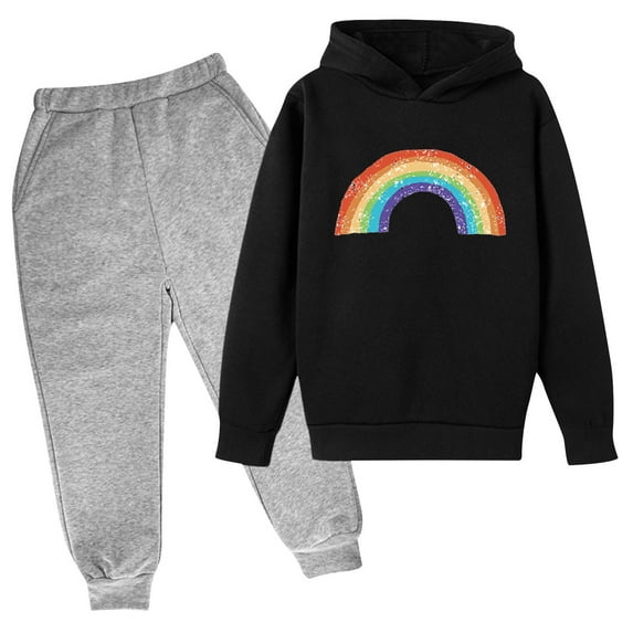 GBSYEWXS Toddler Child Girls Outfit Set Size 3 Years-4 Years Relaxed Long Sleeve Hooded Collar Hooded Sweatshirt Sweatpants Fall Black Outfits Sets