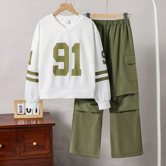 GBSYEWXS Toddler Child Girls Outfits Sets Relaxed Fashion Number Print Sweatshirt Pants Long Sleeve Green Clothing Set Size 7 Years-8 Years