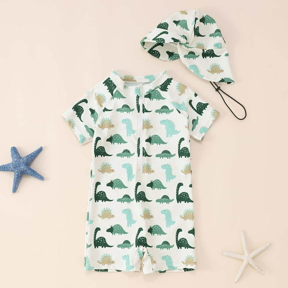 GBSYEWXS Toddler Child Girls Swimwear With Hat Soft One-Pieces Dinosaur Print Swimsuit Green Bathing Suit Size 6-12 Months