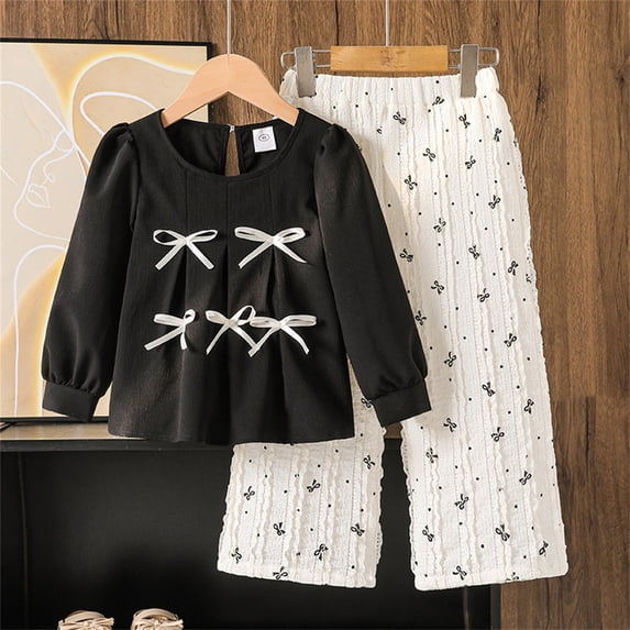 GBSYEWXS Toddler Children Girls Outfit Set Daily Wear Fashion Bow Print Tops Pants Long Sleeve Black Outfits Sets Size 5 Years-6 Years