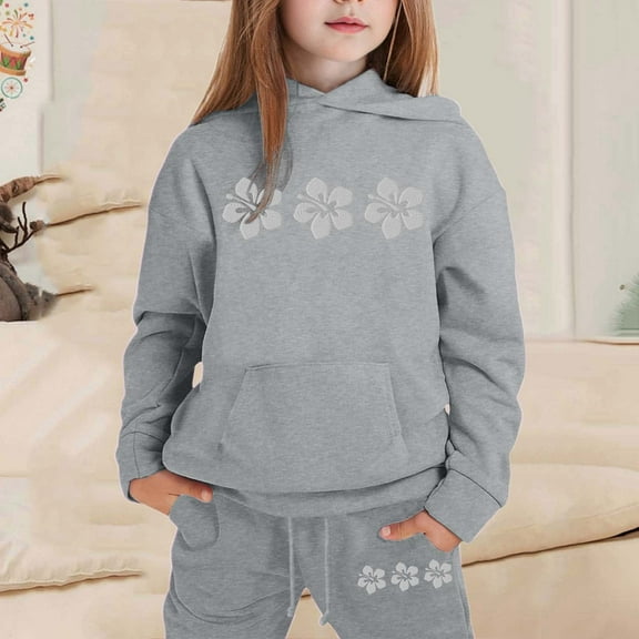 GBSYEWXS Toddler Children Girls Outfits Sets Hooded Long Sleeve Flower Print Hoodies Sweatpants Cool Comfortable Clothing Set Grey Size 6 Years-7 Years