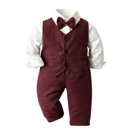 GBSYEWXS Toddler Children boys Outfit Set Collared Long Sleeve Dressy Vest Pant Solid Color Casual Outfits Sets Wine Size 12-18 Months