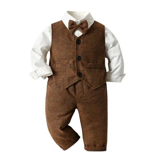 GBSYEWXS Toddler Children boys Outfit Set Solid Color Long Sleeve Collared Vest Pant Dressy Fashion Brown Outfits Sets