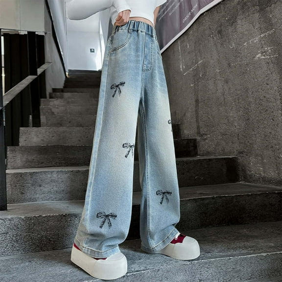 GBSYEWXS Toddler Girls Jeans Distressed Daily Wear Bow Print Elastic Waist Wide Leg Navy Trousers Size 8 Years-9 Years
