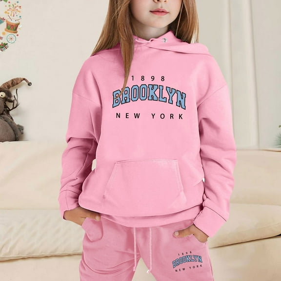GBSYEWXS Toddler Teen Girls Outfits Sets Comfortable Letter Print Long Sleeve Sweatshirt Pant Hooded Relaxed Pink Clothing Set Size 1-2 Years
