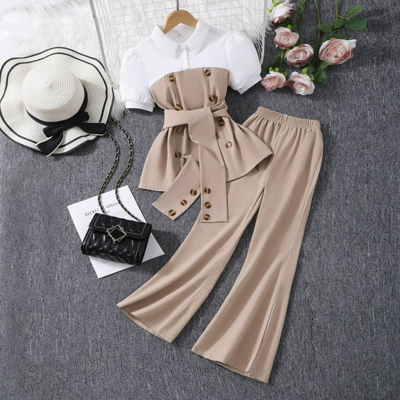 GBSYEWXS Toddler Girls Outfits Sets Cute Solid Color Lapel Neck Tops Pants Patchwork Fashion Short Sleeve Khaki Clothing Set Size 8 Years-9 Years