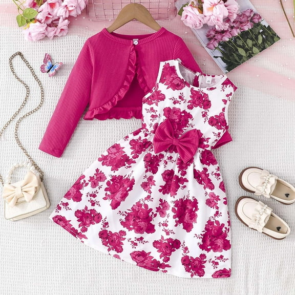GBSYEWXS Toddler Teen Girls Outfits Sets Fashion Relaxed Flower Print Dresses With Jacket Sleeveless Pink Outfit Set Size 4 Years-5 Years