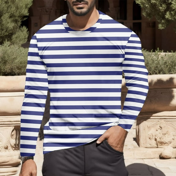 GBSYEWXS Tops For Men Crew Neck Cool T-Shirts Striped Print Outdoor Navy Tee