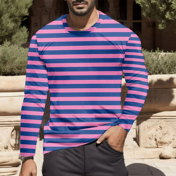 GBSYEWXS Tops For Men Crew Neck Long Sleeve Striped Print T-Shirts Soft Work Tee Pink