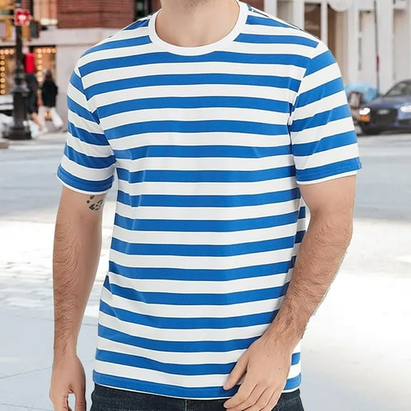 GBSYEWXS Tops For Men Crew Neck Soft Tee Striped Print Comfortable Light Blue T-Shirts