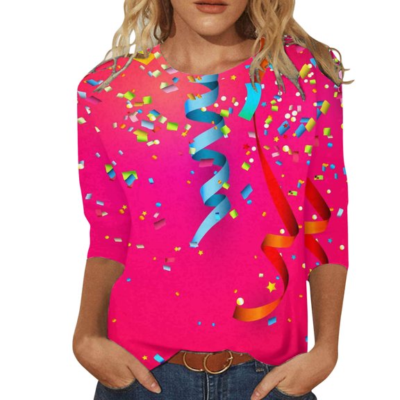 GBSYEWXS Tops For Women Crew Neck 3/4 Sleeve Feather Print Shirts Daily Wear Gentleman Pink T-Shirts