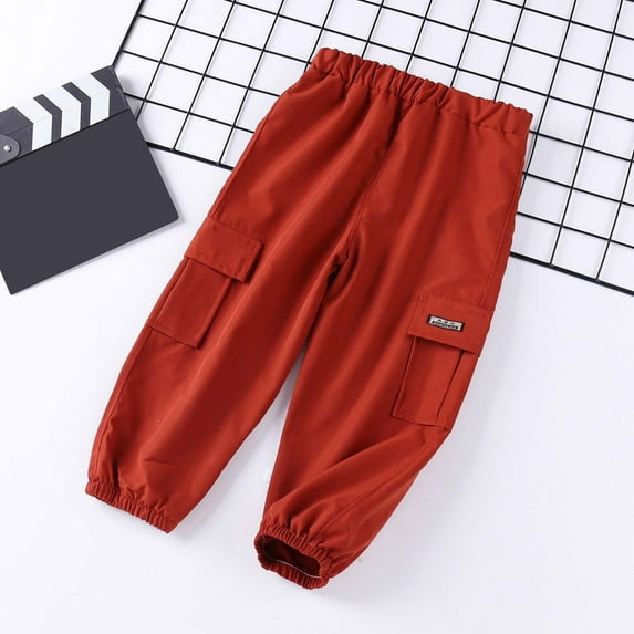 GBSYEWXS Trousers For Boys Kids Size 18 Months-24 Months Solid Color Elastic Waist Full-Length Relaxed 2025 Cargo Pants Red