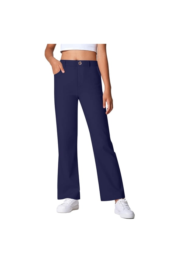 Trousers For Girls Children Size 5-6 T Solid Color Straight-Leg Relaxed Elastic Waist Loose Uniform School Navy Pants