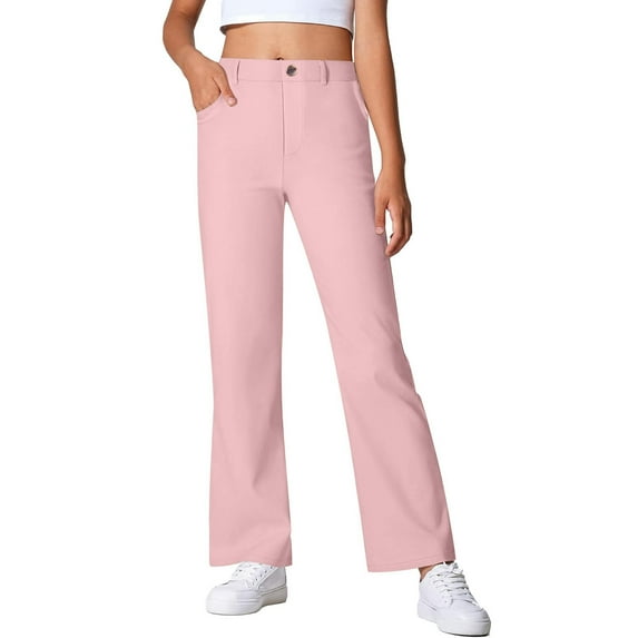 GBSYEWXS Trousers For Girls Children Uniform School Solid Color Full-Length Relaxed Straight-Leg Elastic Waist Daily Wear Pink Pants Size 13-14 T