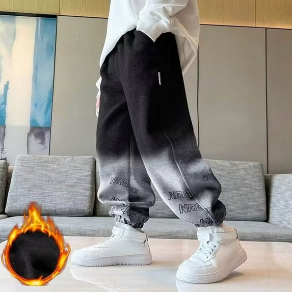 GBSYEWXS Trousers For Little Boys Childred Size 10-11 Years Joggers Fleece Warm Elastic Waist Gradient Black Pants