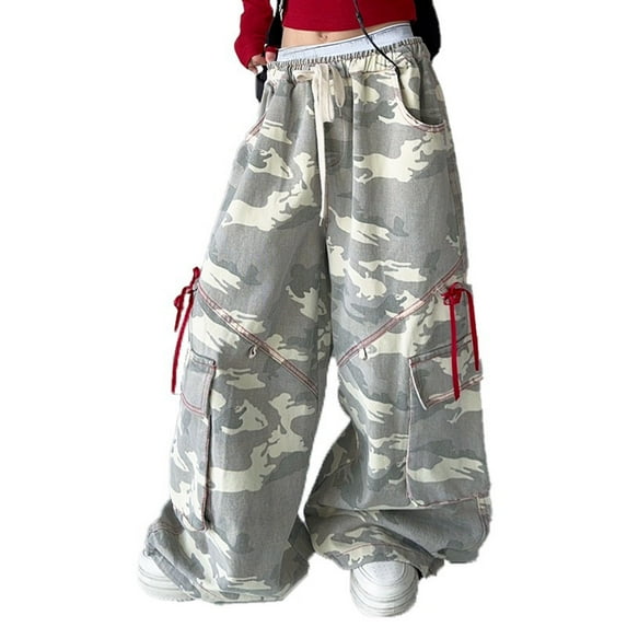 GBSYEWXS Trousers For Little Girls Childred Trendy Drawstring Waist Wide-Leg Cargo Relaxed Camouflage Pants Size 5-6 Years