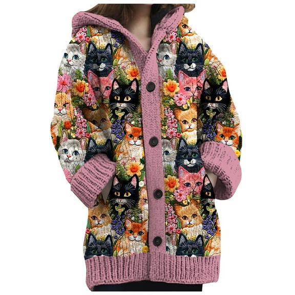 GBSYEWXS Women Cardigan Soft Hooded Long Sleeve Cat Print Leisure Open Front Sweater Pink