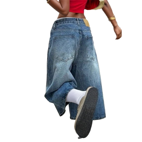 GBSYEWXS Women Jeans Shorts Wide-Leg Comfort Waist Trendy Relaxed Dark Blue Denim Shorts