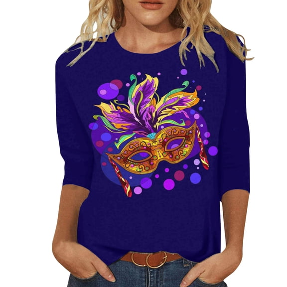 GBSYEWXS Women Shirts Trendy 3/4 Sleeve Carnival Print T-Shirts Casual Crew Neck Tops Purple