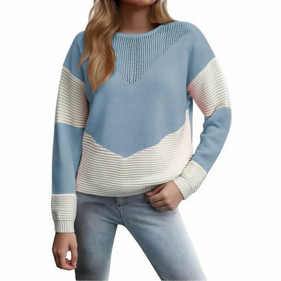 GBSYEWXS Women Sweater Crew Neck Color Block Long Sleeve Casual Base Blue Sweater