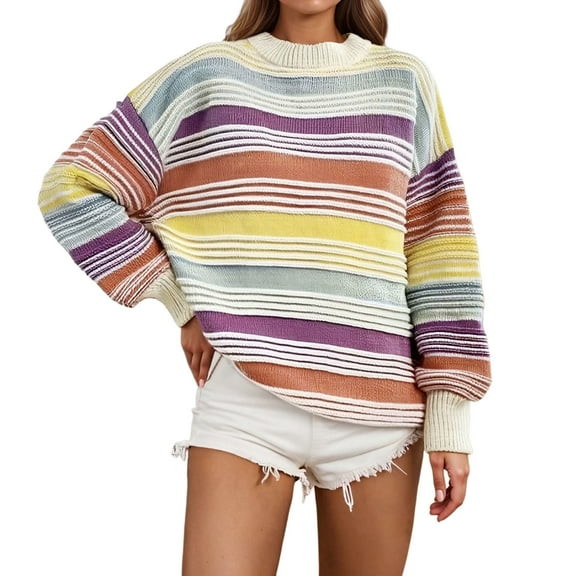 GBSYEWXS Women Sweater Crew Neck Long Sleeve Pullover Casual Striped Print Sweater Soft Yellow