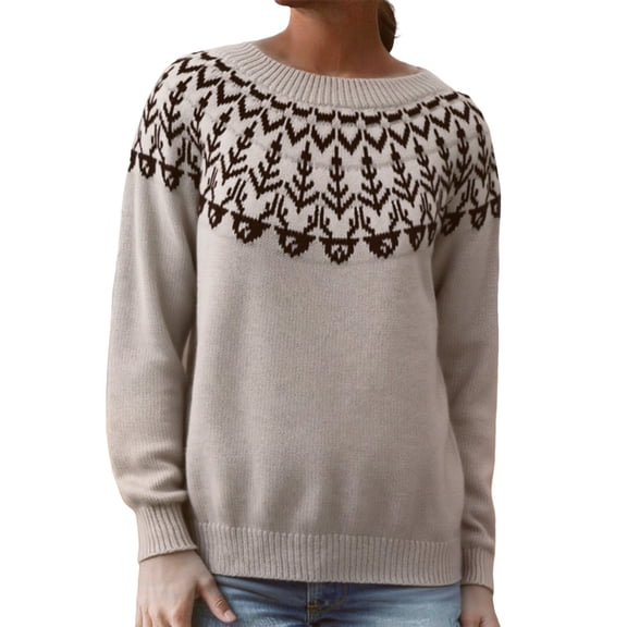 GBSYEWXS Women Sweater Crew Neck Long Sleeve Pullover Knit Jacquard Print Sweater Stretch Khaki