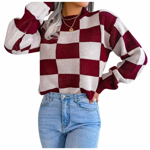 GBSYEWXS Women Sweater Crew Neck Plaid Print Long Sleeve Daily Wear Fall Red Sweater