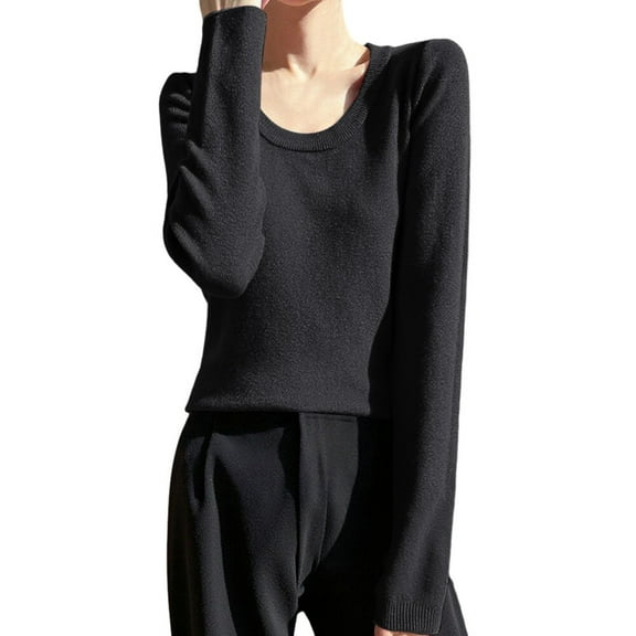 GBSYEWXS Women Sweater Crew Neck Solid Color Long Sleeve Warm Black Sweater