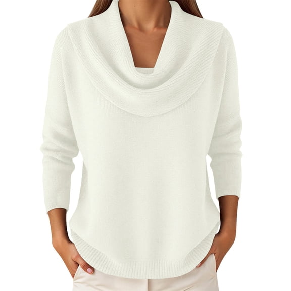 GBSYEWXS Women Sweater Neck Solid Color Long Sleeve Fall Base White Sweater