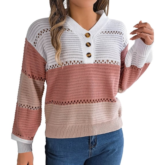 GBSYEWXS Women Sweater V-Neck Color Block Long Sleeve Hollow-Out Casual Red Sweater
